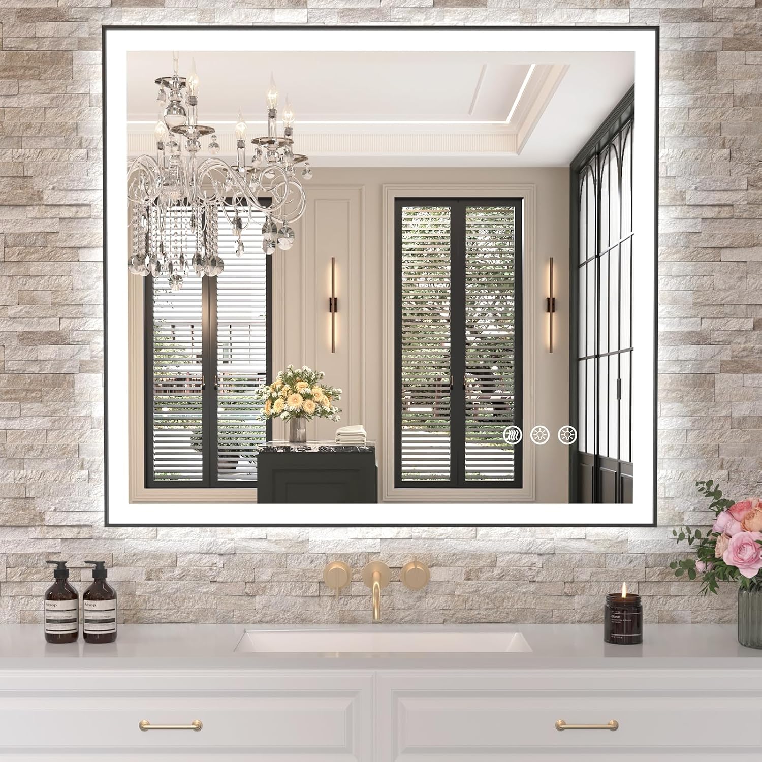 Amorho 40"x 36" LED Bathroom Mirror with Black Frame, Front Light and Backlit(Controlled Separately), Stepless Dimmable, Anti-Fog, Shatter-Proof, 3 Colors, Memory