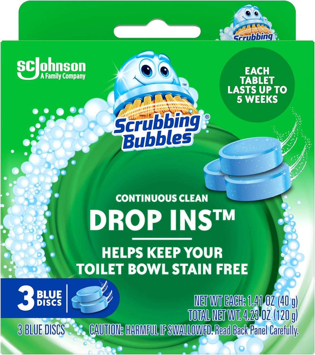 Scrubbing Bubbles Continuous Clean Drop-Ins Toilet Cleaner Tablet, Repels Tough Hard Water and Limescale Stains, Blue Discs, 4.23 oz, 3ct