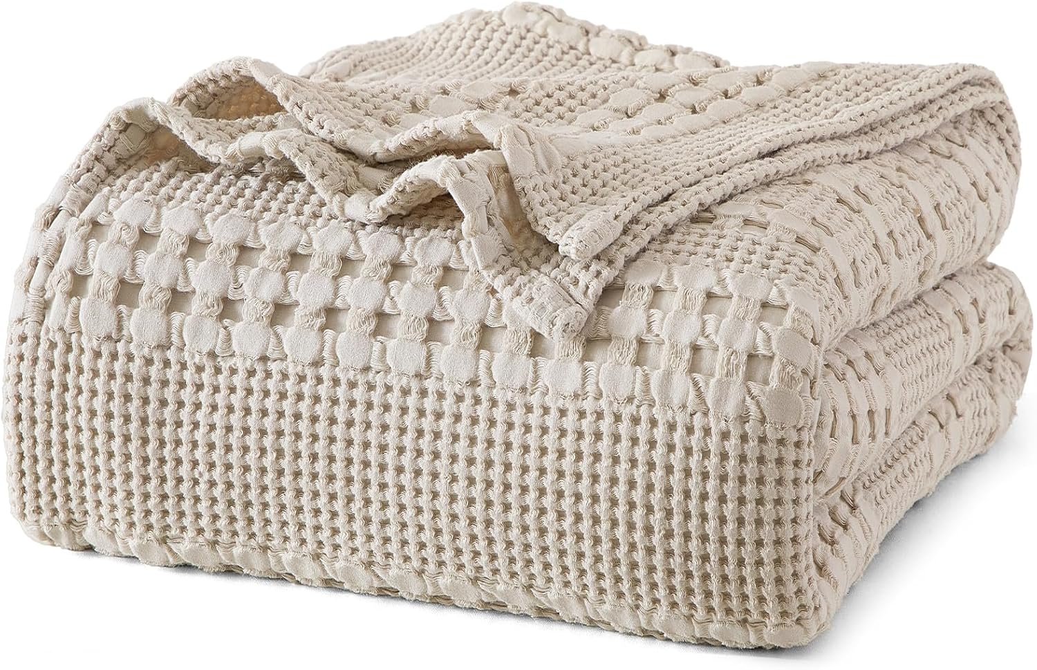 PHF 100% Cotton Waffle Weave Blanket Queen Size for Bed, Lightweight Washed Cotton Blanket - 90"x90" Aesthetic Soft Woven and Breathable Blanket for Sofa Home Decor - Oatmeal