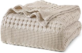PHF 100% Cotton Waffle Weave Blanket Queen Size for Bed, Lightweight Washed Cotton Blanket - 90"x90" Aesthetic Soft Woven and Breathable Blanket for Sofa Home Decor - Oatmeal