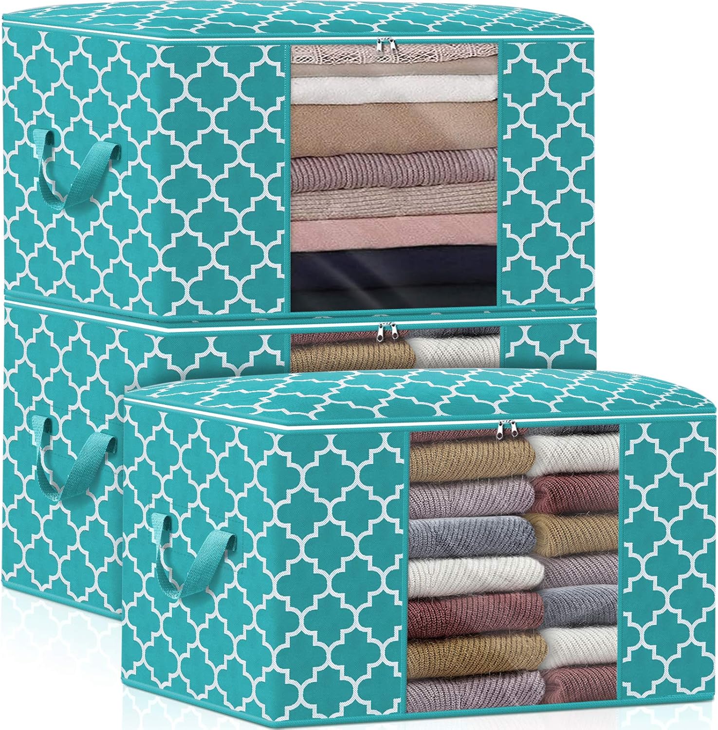 WISELIFE Storage Bags 100L 3-Pack Large Blanket Clothes Organization and Storage Containers for Bedding, Comforters, Foldable Organizer with Reinforced Handle, Clear Window, Sturdy Zippers,Green
