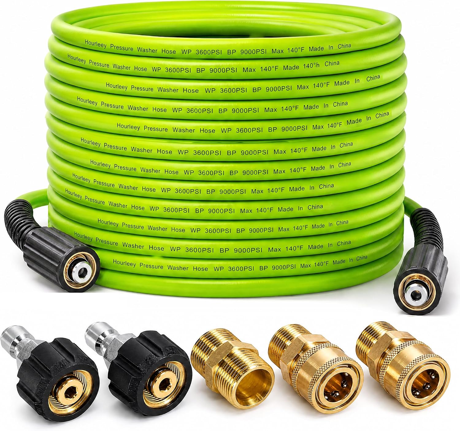 Hourleey Pressure Washer Hose 50 FT, 3600 PSI Flexible Kink Resistant Power Washer Hose Replacement, 1/4" Quick Connect Pressure Hose Extension, Green
