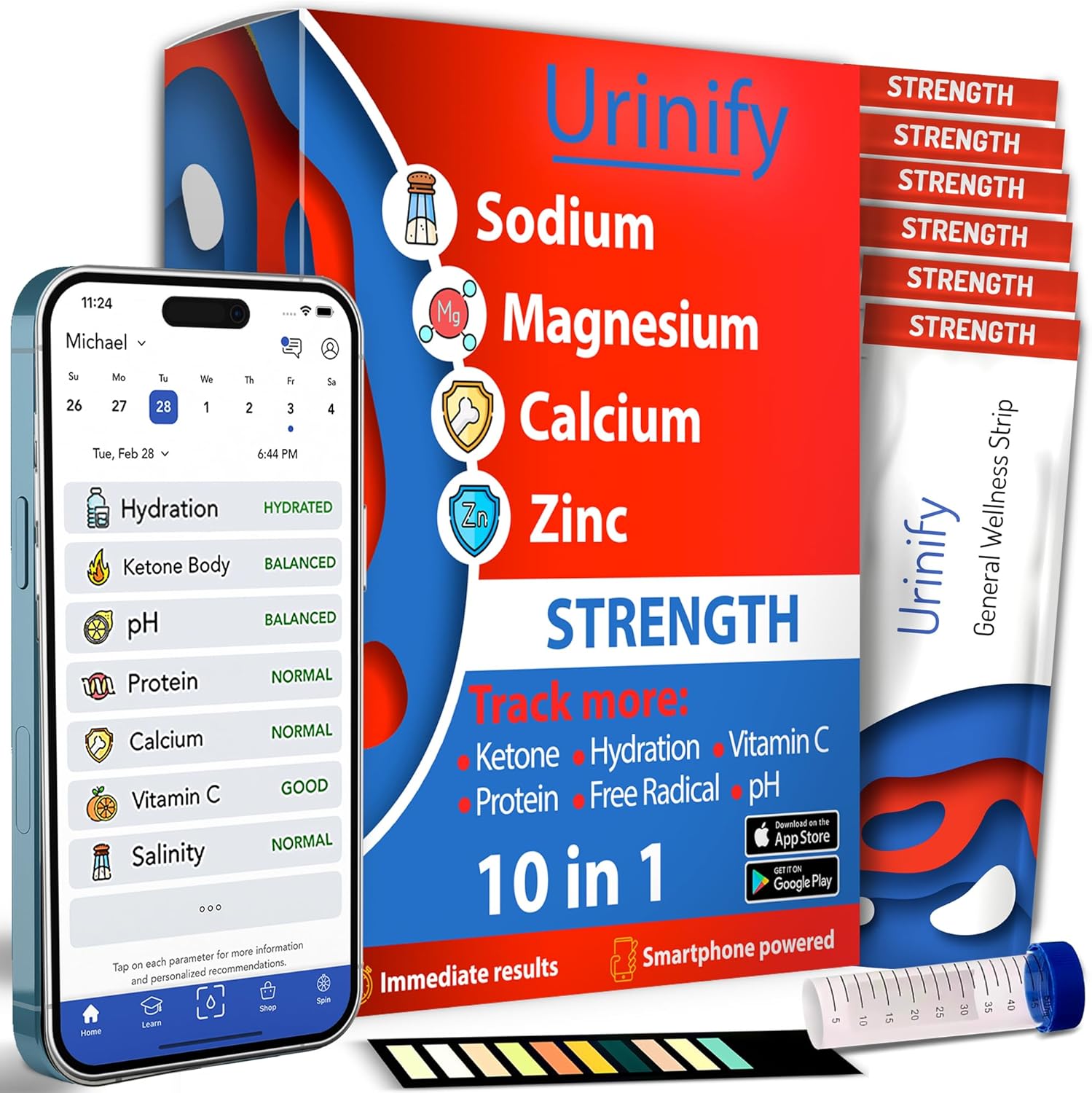 Mobile App Urine Test Strips -Trusted at Home Sodium, Salinity, Magnesium, Calcium, Electrolytes, Hydration, pH, Vitamin C, Protein, Keto Urinalysis Test Kit - Strength Kit (6 Strips)