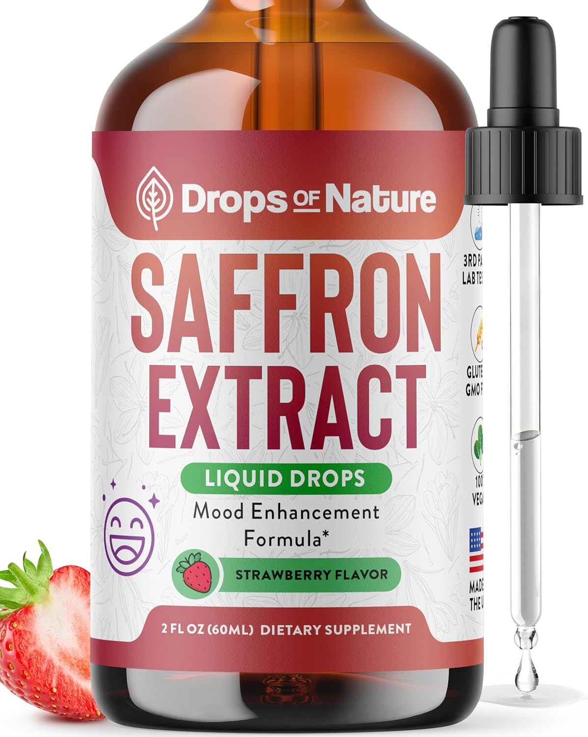 Saffron Supplements – Vegan, Fast Absorption Liquid Drops – Made with Pure Saffron Extract – Mix with Drinks Daily – Supports Eye Health, Emotional Balance & Antioxidant Level Boost (Strawberry, 60mL)
