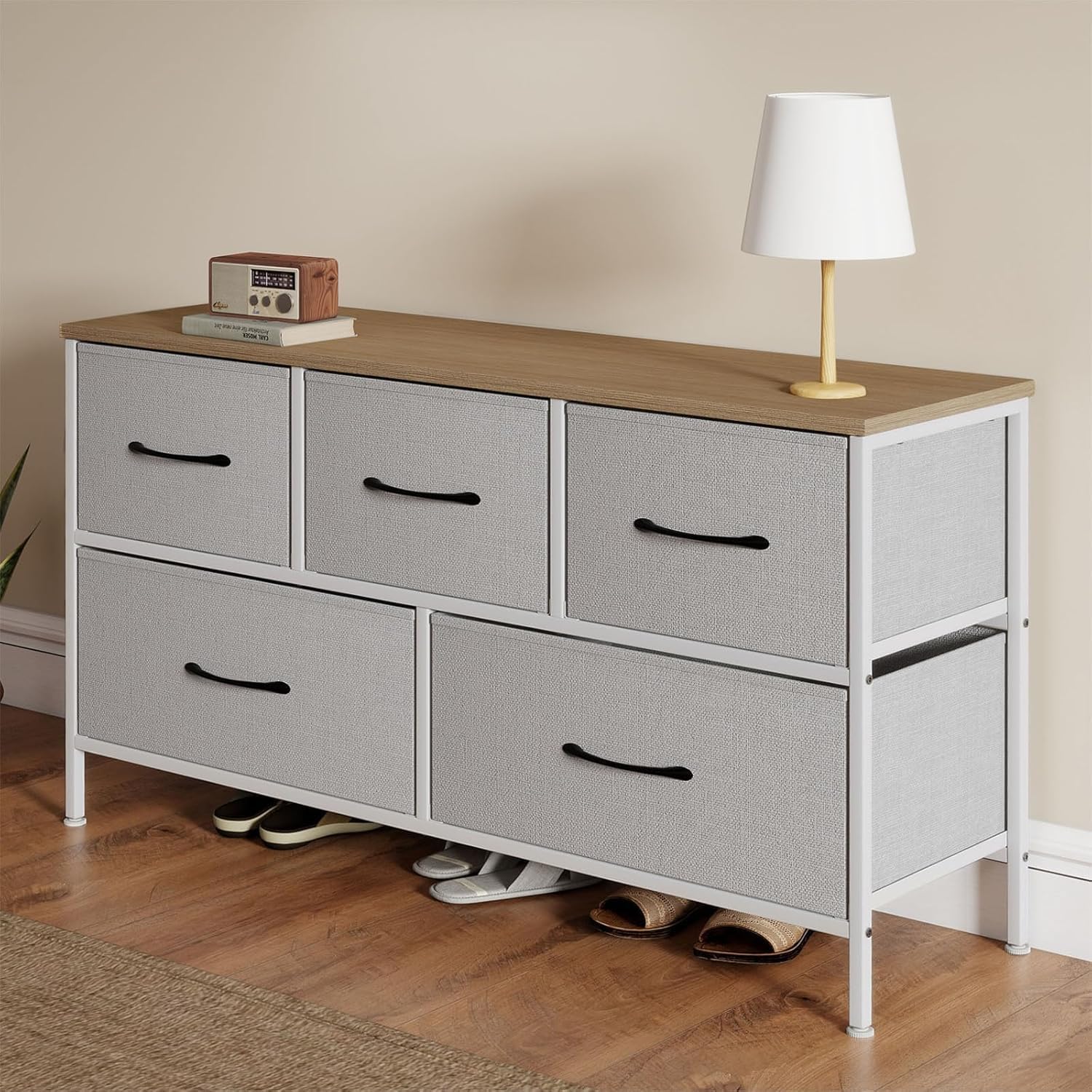 Levede Chest of Drawers Bedroom, 5 Fabric Drawers Storage Cabinet, Wide Storage Organiser Fabric Dresser with Wood Top for Closet, Nursery, Bedside, Living Room