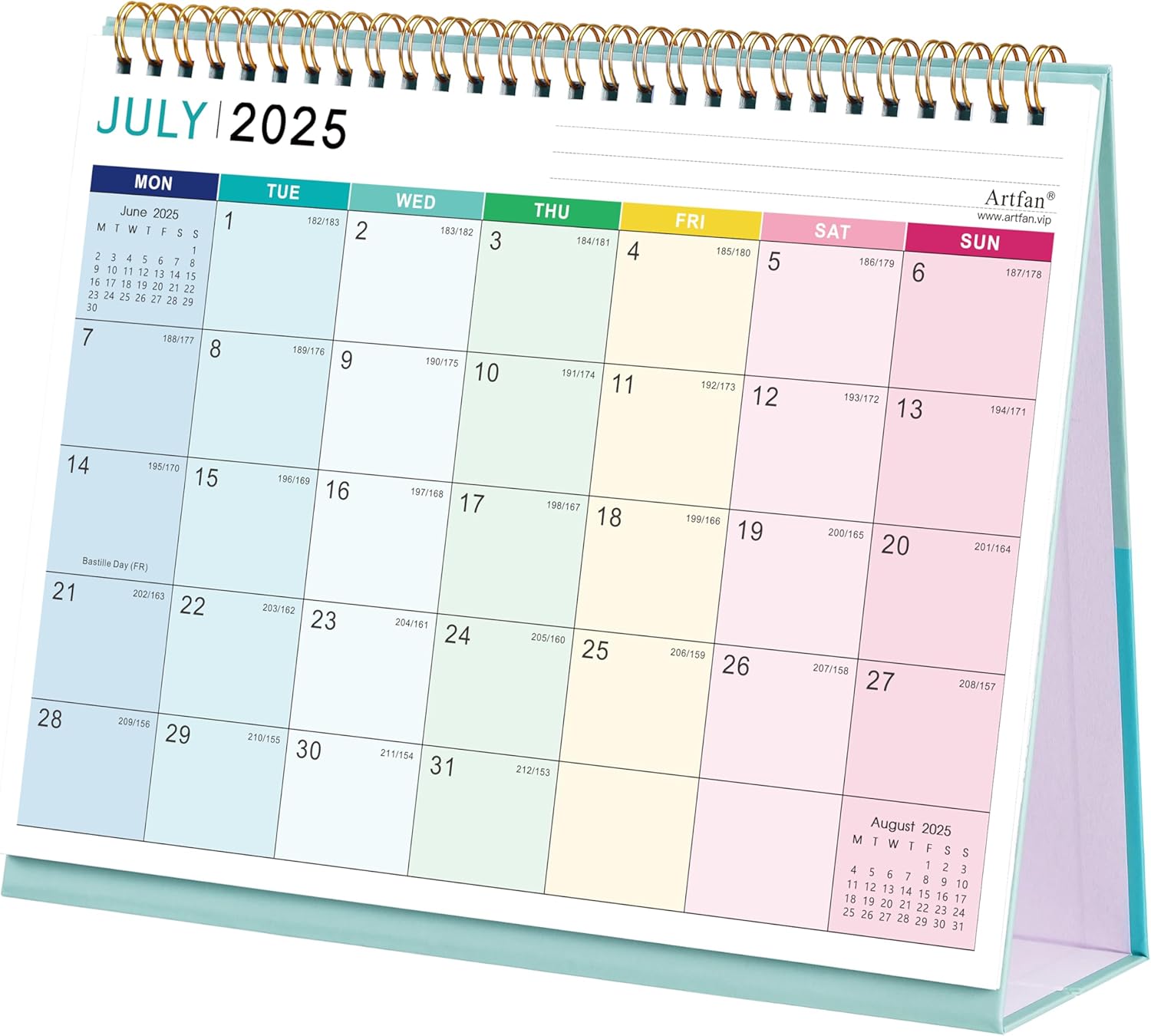 Desk Calendar 2025-2026 - Calendar 2025-2026 UK, Runs from Jul. 2025 to Dec. 2026, 18 Month Desktop Calendar, Starts on Monday, 25.3 x 20.5 x 7.8 cm, Rainbow plaid