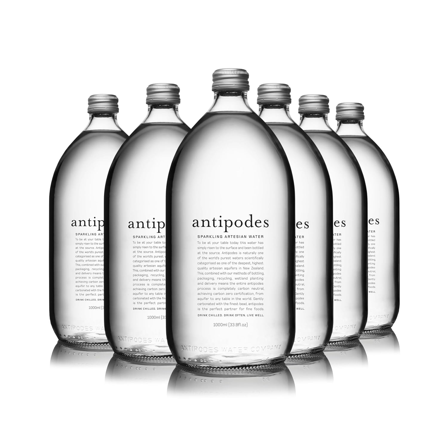 Antipodes Natural Artesian Sparkling Water, 33.8 Fl Oz (1 Liter) (Pack of 6), Premium Carbonated Glass Bottled Drinking Water, Naturally Occurring Minerals, New Zealand Sourced
