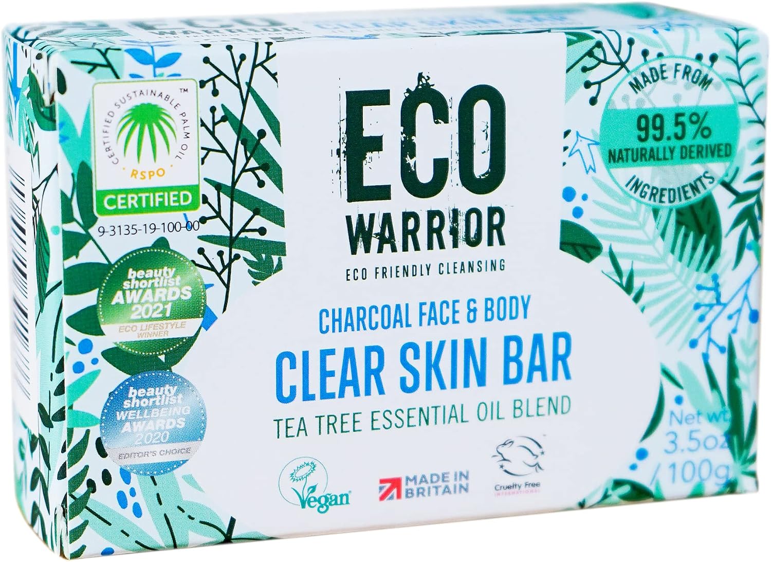 Eco Warrior Charcoal Clear Skin Soap Bar | Vegan, Cruelty-Free, eco friendly, Natural | Moisturising Charcoal, Grapeseed, and Anti-Bacterial Tea Tree Essential Oils | No SLS or Parabens | 100g