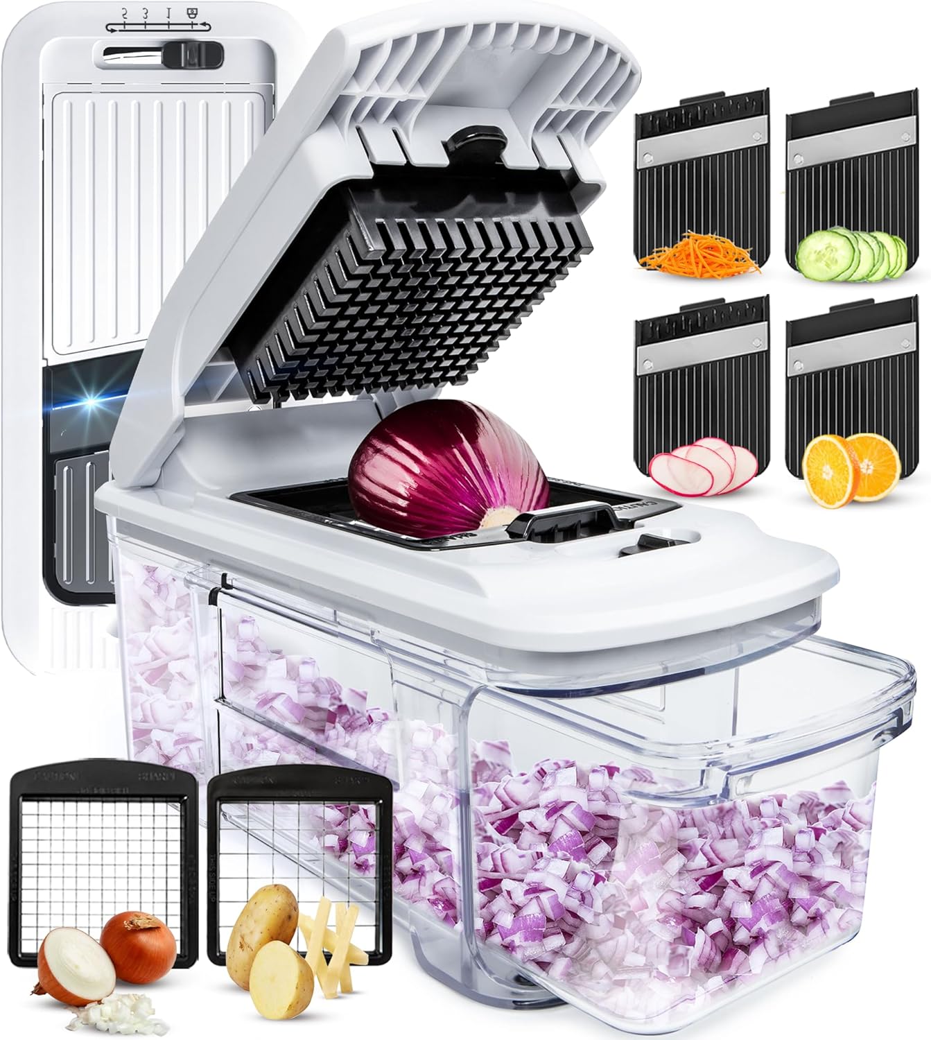 Fullstar All-in-1 Vegetable Chopper, Mandoline Slicer & Cheese Grater - Multi Blade French Fry Cutter & Veggie Dicer - Includes Bonus Handheld Spiralizer & Kitchen Gadgets (4 in 1, White)