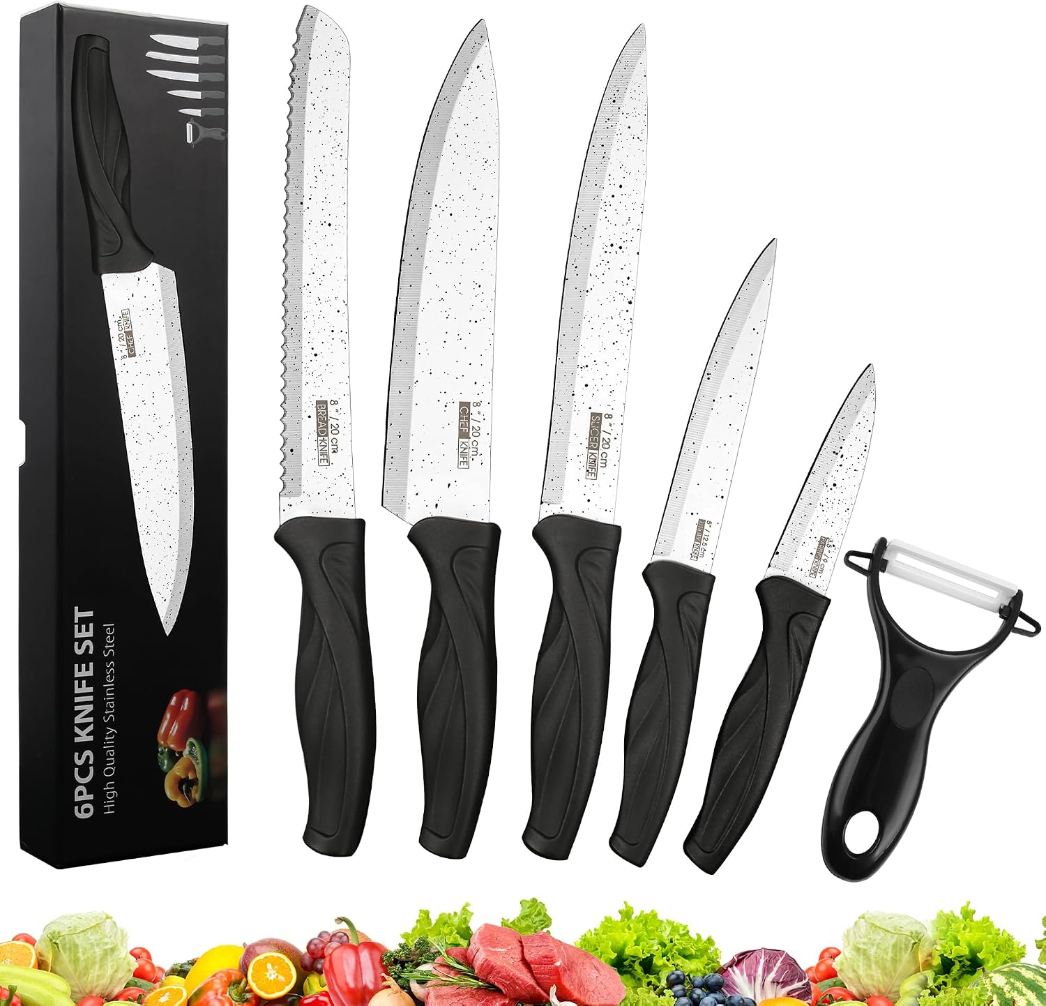 Tieplis 6PCS Kitchen Knife Set, Stainless Steel Sharp Blade with Nonstick Ceramic Coating, Cooking Cutting Knives Set, Ink Splatter Dot Pattern, PP Anti-Slip Handle, Rust Proof, Dishwasher Safe