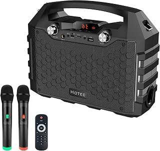 Hotec Wireless Bluetooth Portable PA Speaker System, Powerful Bluetooth Karaoke Machine with Dual Wireless Microphones for Karaoke, Wedding, Party, Teaching, Lecture, Church, Outdoor Indoor Activities