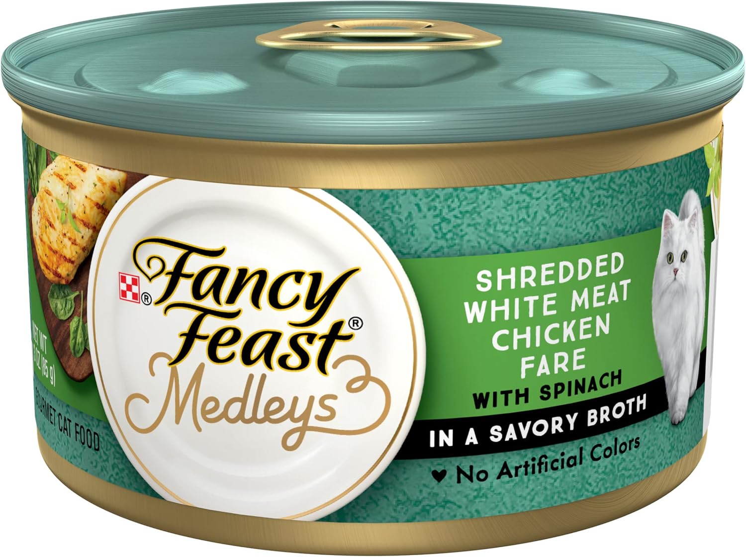 Purina Fancy Feast Wet Cat Food Medleys Shredded White Meat Chicken Fare With Spinach in Savory Cat Food Broth - (Pack of 24) 3 oz. Cans