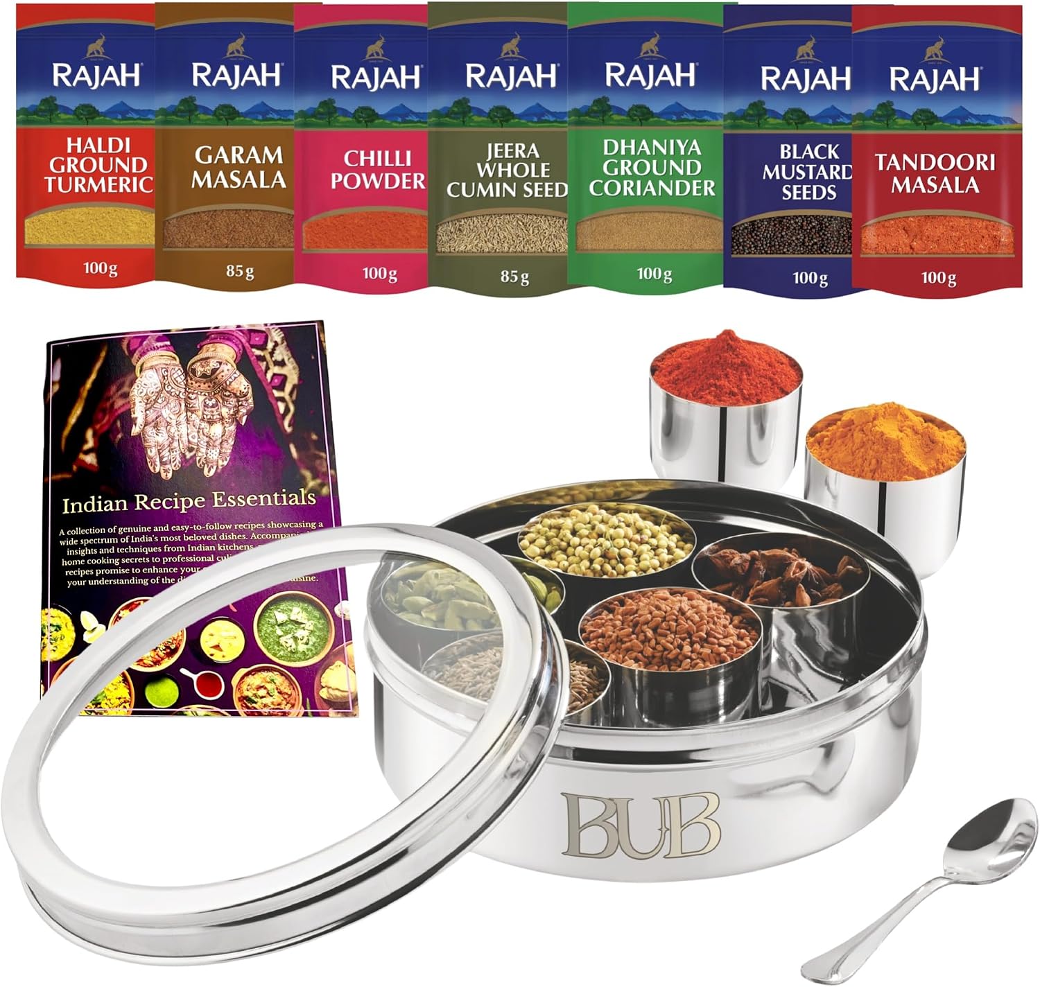 Bub Masala Dabba Gift Set | Spice Tin & 7 Rajah Spices | Recipe Book | Complete Indian cooking starter kit with spice tin, 7 Rajah spices, recipe book and stainless steel spoon.