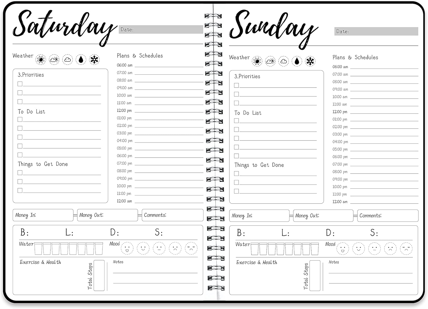 Work Planner - Daily & Weekly Spiral Planner with Hourly Schedules, To Do List, Tasks, Expense tracker, Undated 7 Days Planner Start Anytime, Self-Care Calendar for Organizing Meals, Water Take-in, Mood, Exercise & Health, Flexible PVC Waterproof Cover, 10 x 7.3 inches