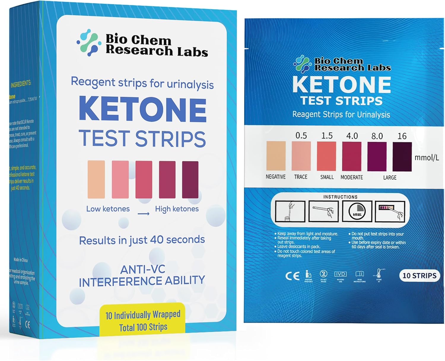 Ketone Test Strips, Premium Grade 100 Keto Test Strips in 10 Resealable Pouches - Urine Test Strips, Ketosis Test Strips Urine, Keto Strips, Ketone Urinalysis Test Strips, Ketones Test Kit