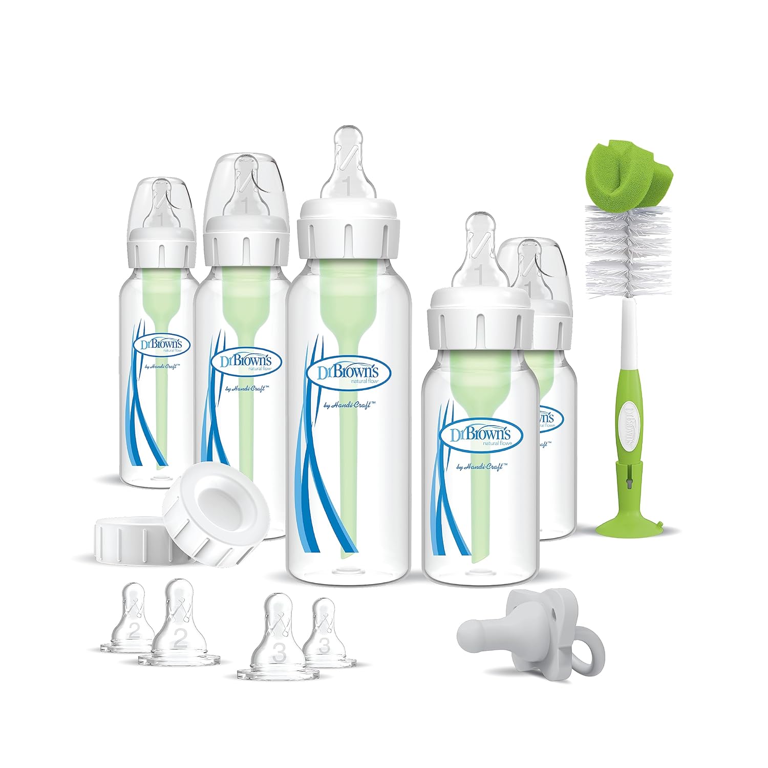 Dr. Brown's Anti-Colic Options+ Newborn Essentials Gift Set with 4oz and 8oz Baby Bottles, Baby Bottle Brush and HappyPaci