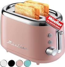 Mueller Retro Toaster 2 Slice with 7 Browning Levels and 3 Functions: Reheat, Defrost & Cancel, Stainless Steel Features, Removable Crumb Tray, Under Base Cord Storage, Pink