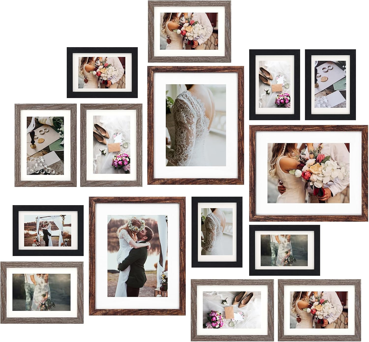 Fixwal Picture Frames Set, Gallery Wall Frame Set Picture Frames Collage 15 Pack for Wall or Tabletop with 8x10 5x7 4x6 Frames, Rustic Picture Frame in 3 Different Finishes
