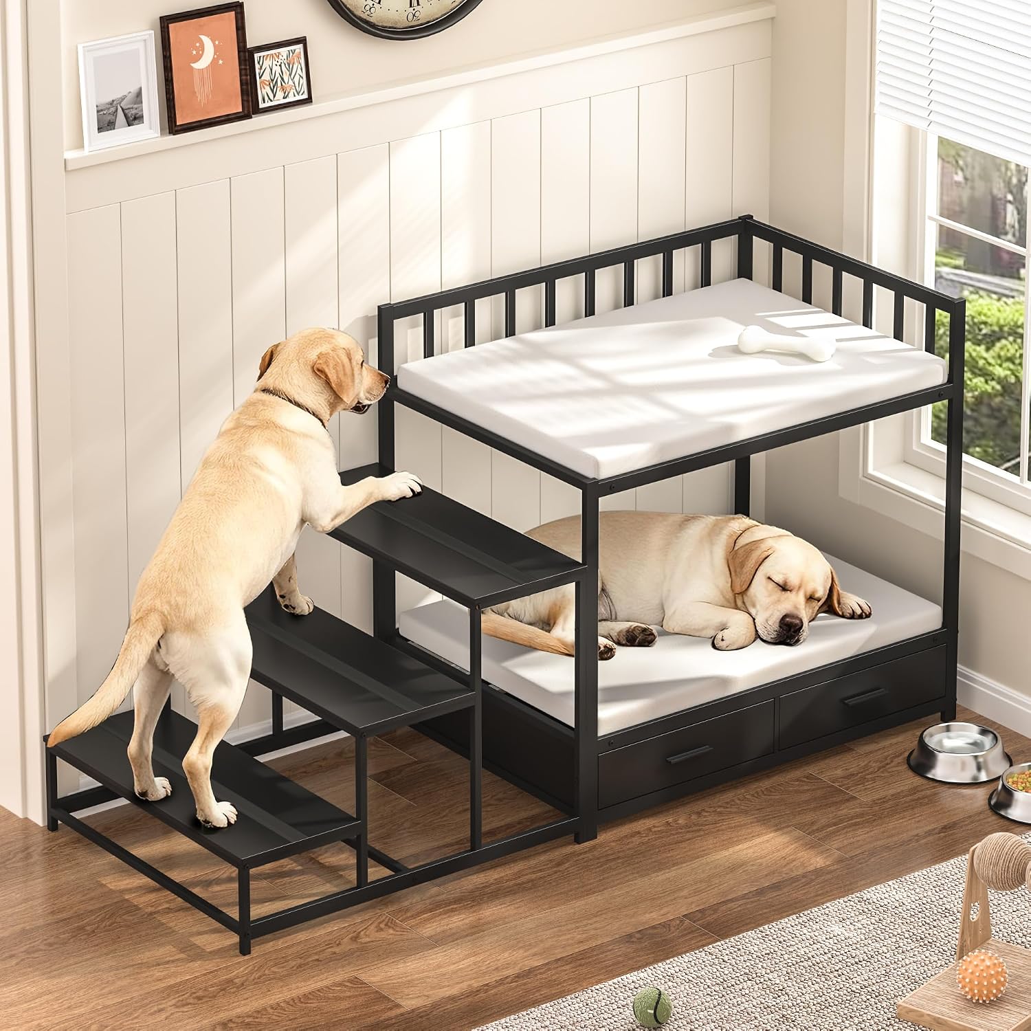 GDLF Dog Bunk Bed for Large Dogs with Stairs and Storage, Non-Slip Surfaces