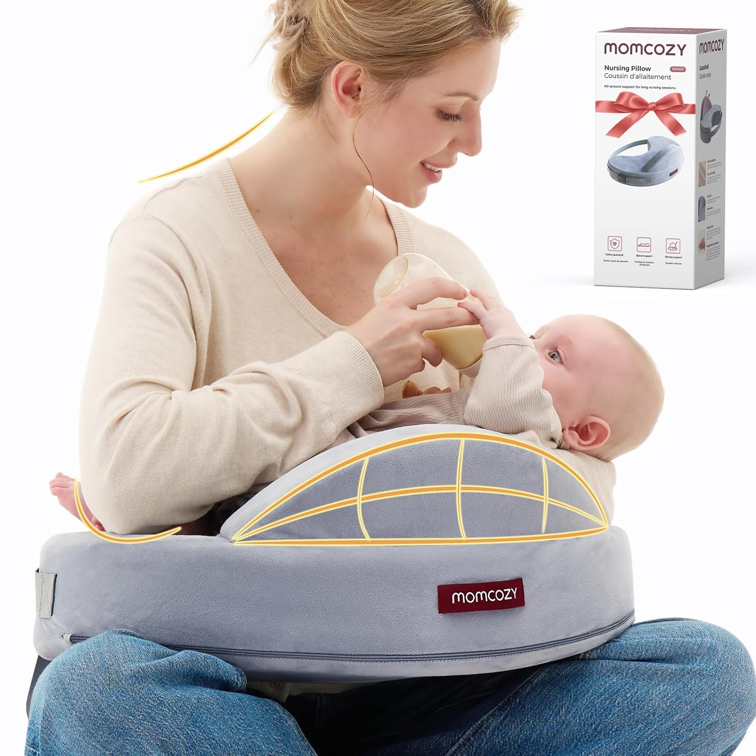Momcozy Exclusive Memory Foam Nursing Pillow - Pioneering Safety Fence-Plus Size Breastfeeding Pillow for Ergonomic Comfort & Support-Easier and Healthier Nursing - Fit for All, Removable Cover