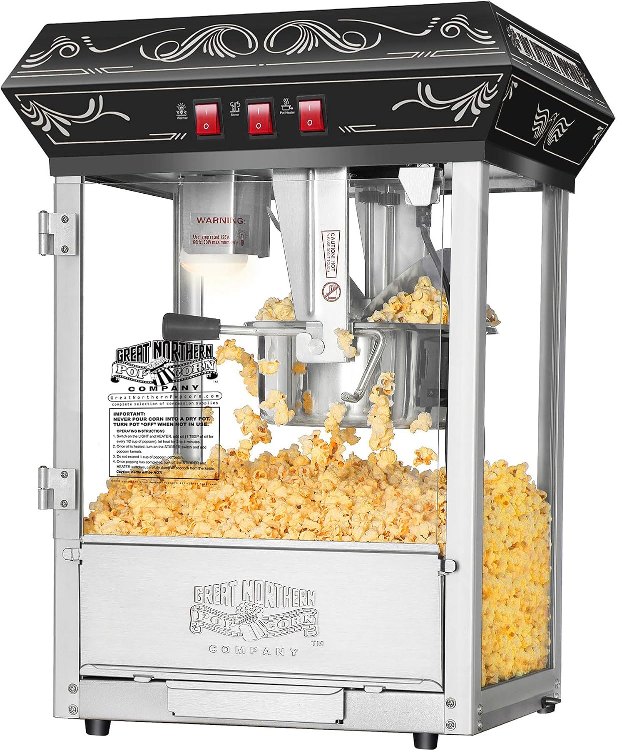 Good Time Countertop Popcorn Machine – 3 Gallon Popcorn Popper, 8oz Kettle, Warmer, and 5 All-in-One Kernel Packs by Great Northern Popcorn (Black)