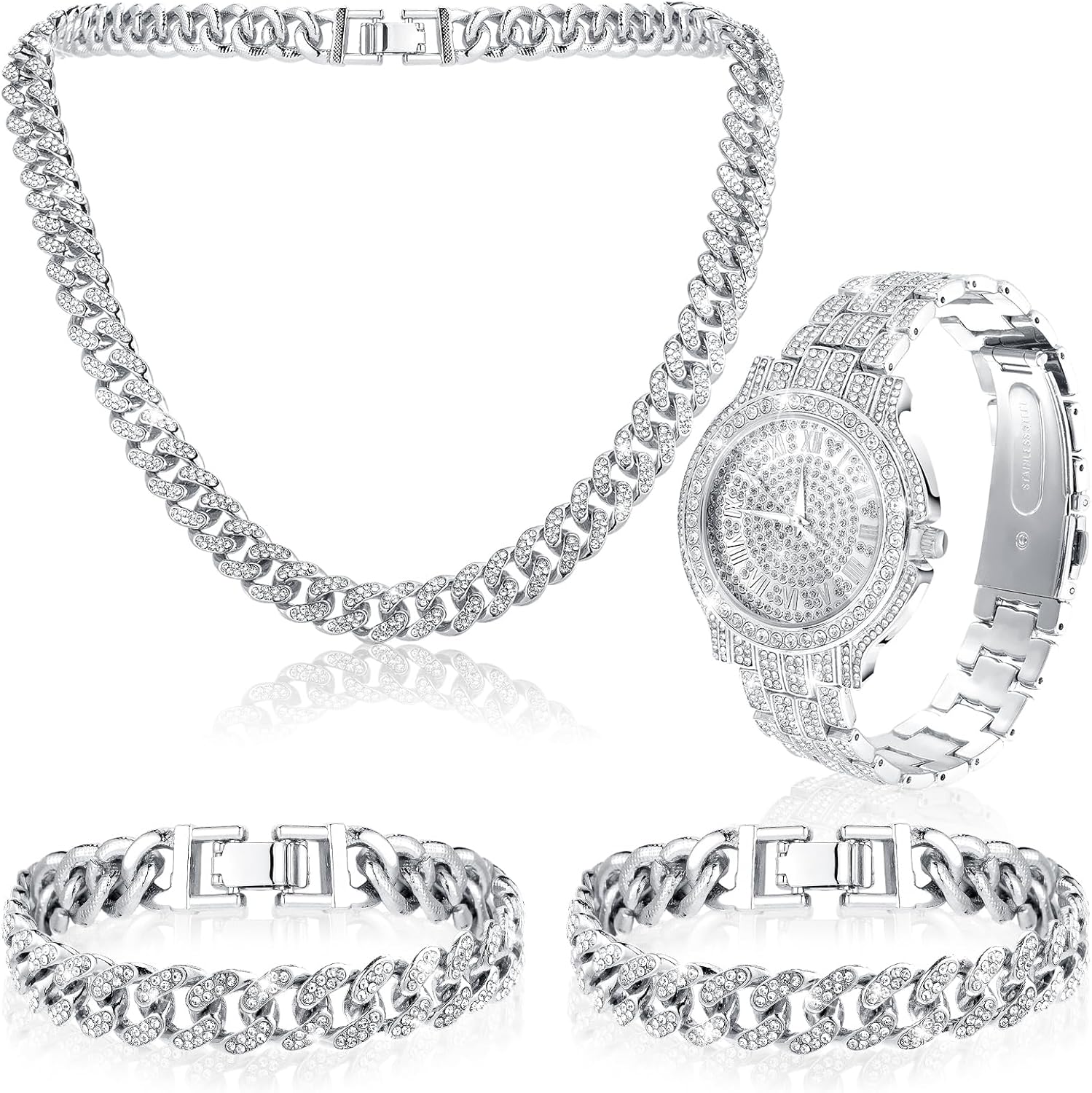 4 Pcs Hip Hop Jewelry Set Halloween Costumes Link Chains Bling Rhinestone Necklace Bracelet Watch for Man Women