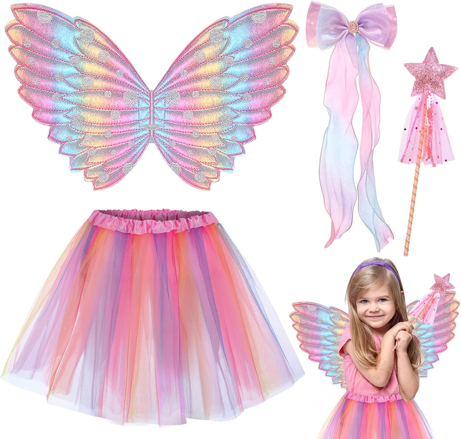 UxClishe 4 Pcs Fairy Costume Set for Girls, Butterfly Wing Fancy Dress Outfit with Tutu Skirt Magic Wand Bow Hairpin Kids Fairy Wings Angel Princess Costume for Kids Party Dress Up