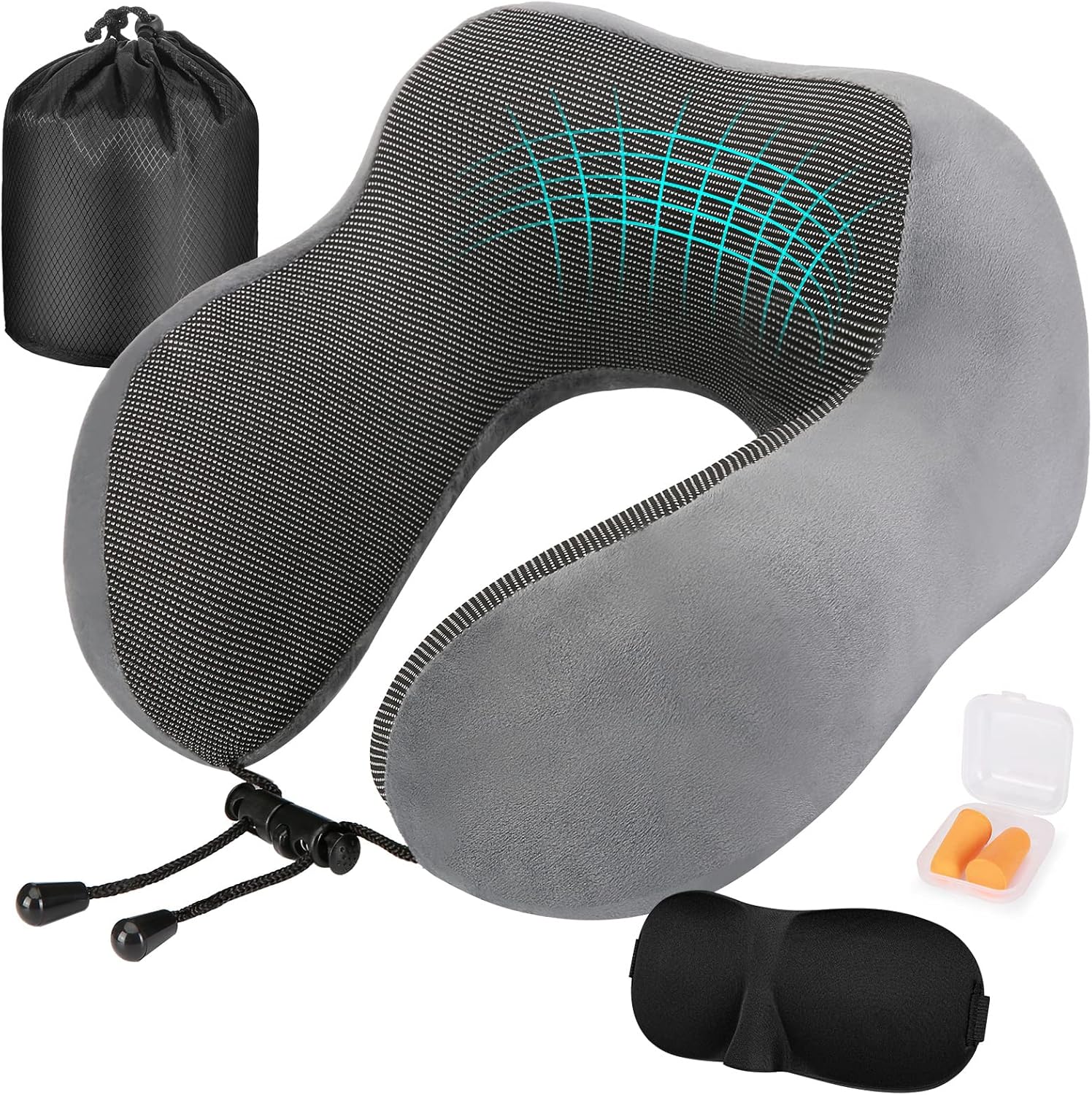 Eono Neck Pillow Memory Foam, Travel Pillow for Neck, Comfortable Neck and Head Support Pillow for Plane Cars Trains Office, Soft Flight Travel Cushion for Sleeping