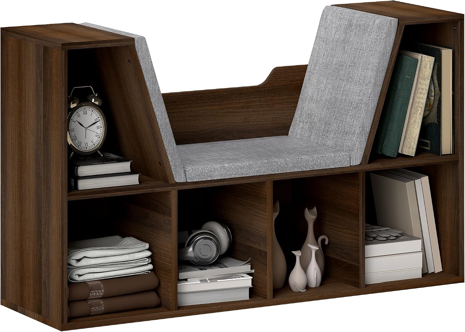HOMCOM Bookcase Storage Shelf w/Cushioned Reading Seat Bench, Chestnut