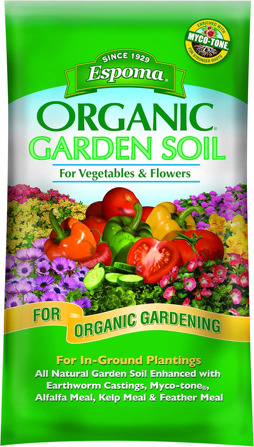 Espoma Organic Vegetable & Flower Garden Soil Natural and Organic in Ground Planting Mix. Use when Planting & Transplanting. For Organic Gardening. 1 Cubic Foot Bag