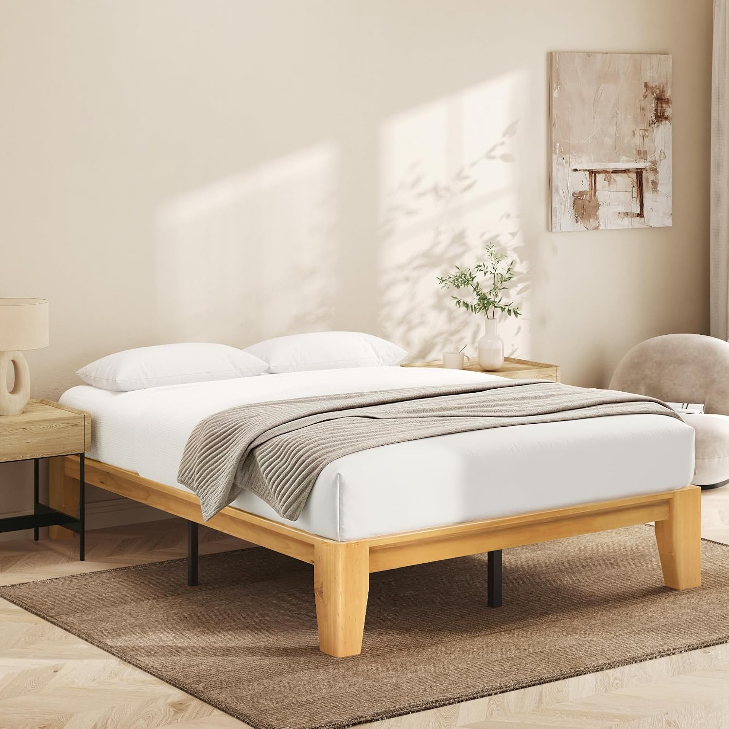 Lifezone Wood Queen Platform Bed Frame, Premium Solid Wood, Sturdy Structure, 3.78” Thickened & 14” Height Legs, Easily Assemble, Mortise & Tenon Joints Patterns, Natural