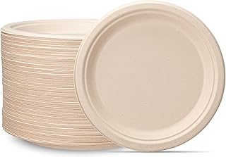 Comfy Package [9 Inch - 125 Pack Paper Plates, 100% Compostable Plates Heavy-Duty - Kraft Biodegradable Plates, Disposable Sugarcane Paper Plates - Brown Unbleached