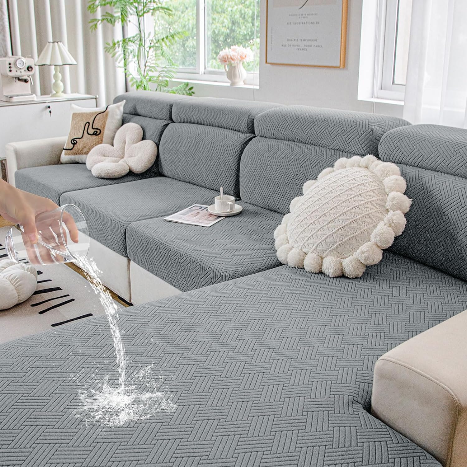 hyha Waterproof Couch Cushion Covers, Stretch Magic Sofa Seat Slipcover, Waterproof Sectional Couch/Sofa Cushion Covers for Pets Washable with Elastic Bottom(Back Cover L, Grey)