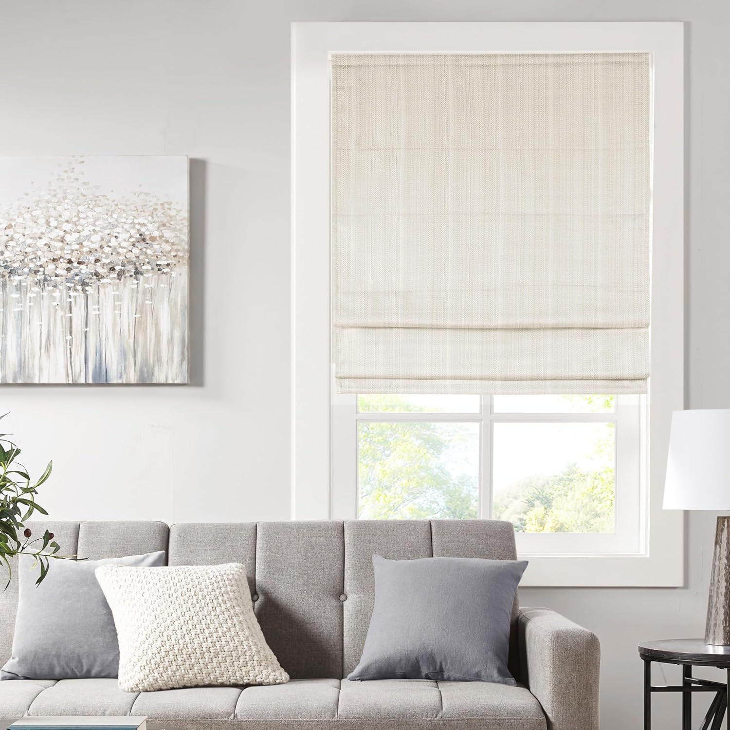 Madison Park Galen Cordless Fabric Privacy Single Panel Darkening, Energy Efficient Roman Shade, Window Curtain, 27"W x 64"H, Basketweave Ivory