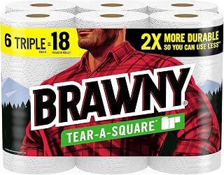 Brawny Tear-A-Square Paper Towels, 6 Triple Rolls = 18 Regular Rolls, 3 Sheet Sizes (Quarter, Half, Full), Strength for All Messes, Cleanups, and Meal Prep