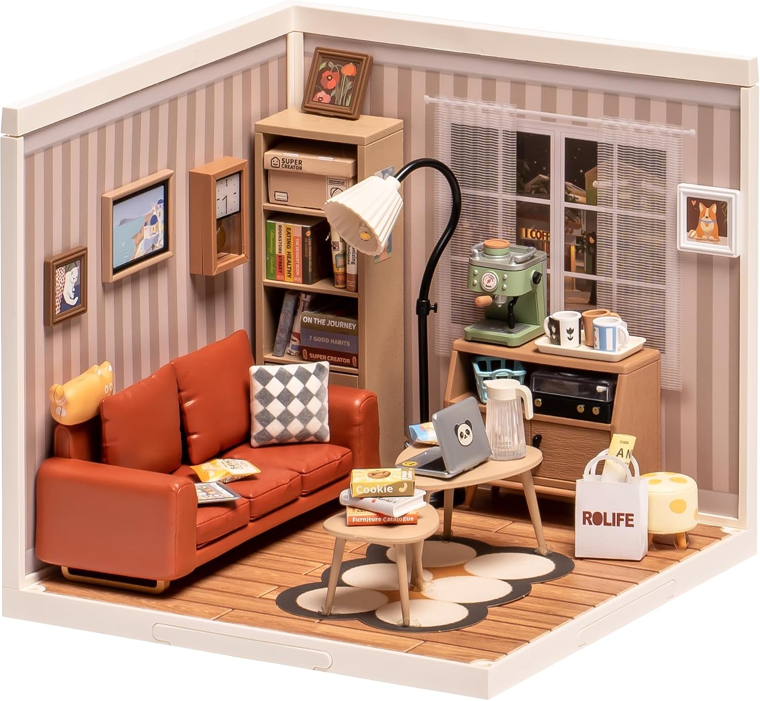 ROBOTIME DIY Miniature House Kit Mini Dollhouse with Accessories Building Toy Set Tiny Room Making Kit with LED Light Hobby Unique Gifts (Cozy Living Lounge)