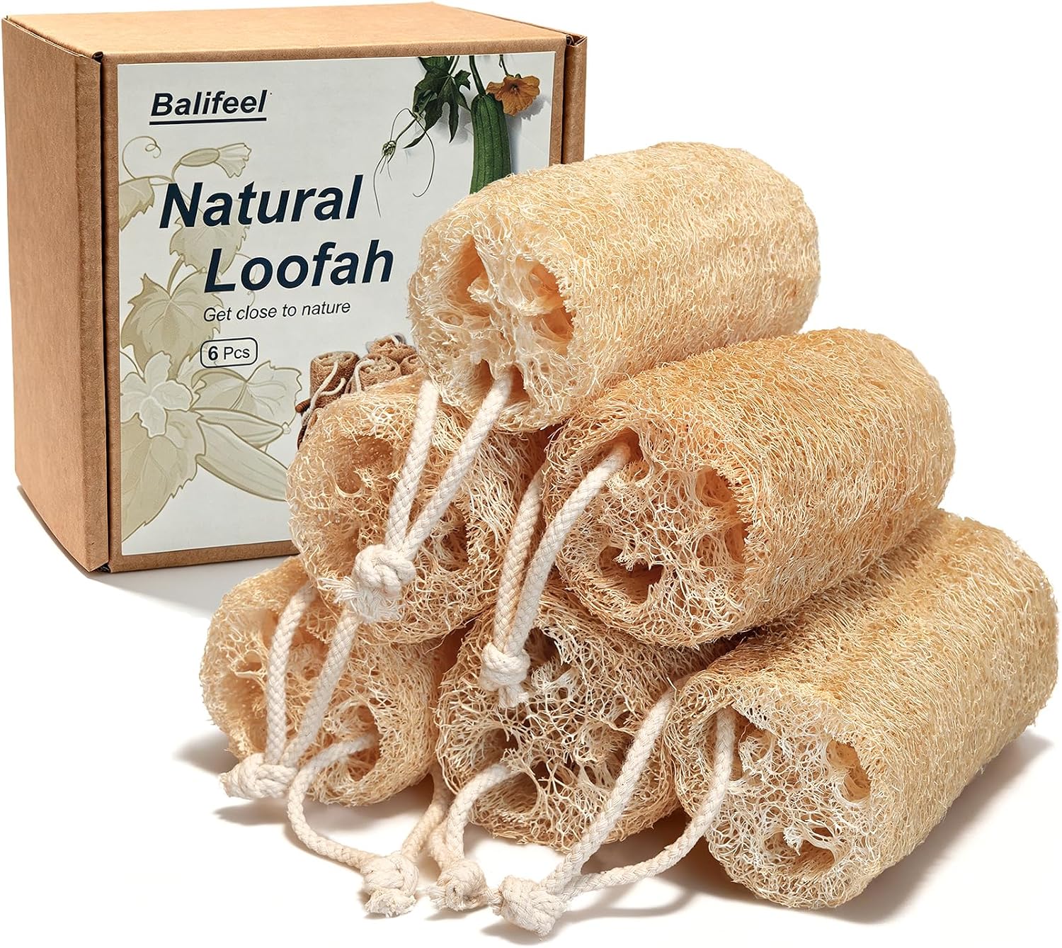Natural Loofah Sponge Organic Loofa Set 6 Pack,Exfoliating Body Scrubber Shower Luffa Men and Women for Bath Cleaning Skin Back and Face Eco Tool