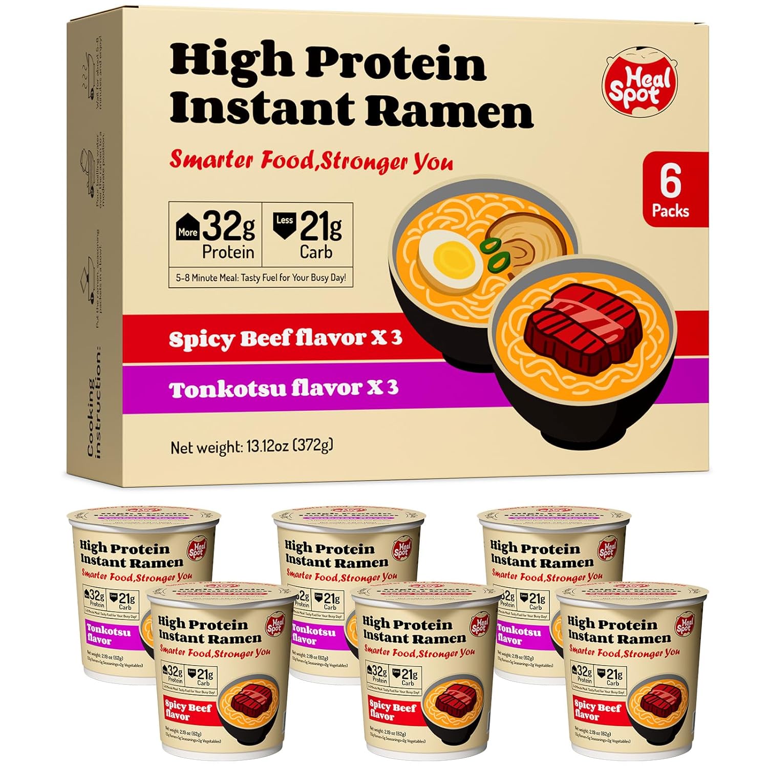 Healspot High Protein Instant Ramen Variety Pack, 6 Cups Non Fried Ramen Broth, 32g Plant Based Protein, Low Fat, Low Carb, Non GMO, Keto Friendly & Plant Based (Beef, Pork Tonkotsu）