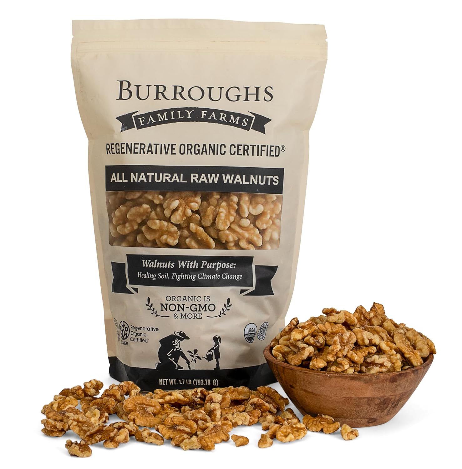Organic Raw Walnuts Halves & Pieces 1.7lb – Unpasteurized, Regeneratively Grown in California – Whole, Fresh, Unsalted – Plant-Based Omega-3s