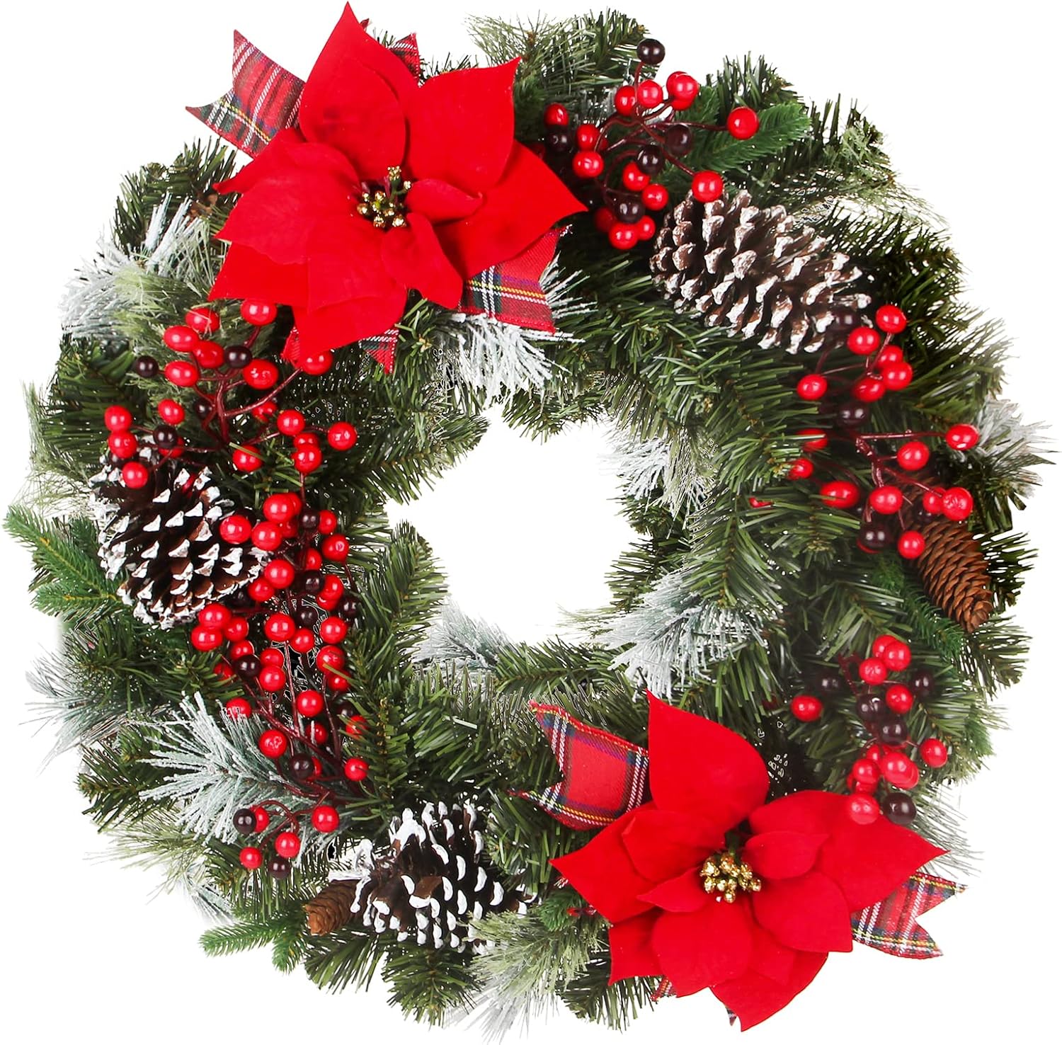 24 Inch Christmas Wreath Green Leaves Wreath for Front Door Artificial Eucalyptus Wreath with Berry and Pine Branches Christmas Decorations Indoor and Outdoor Holiday Decorations