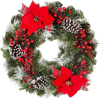 24 Inch Christmas Wreath Green Leaves Wreath for Front Door Artificial Eucalyptus Wreath with Berry and Pine Branches Christmas Decorations Indoor and Outdoor Holiday Decorations