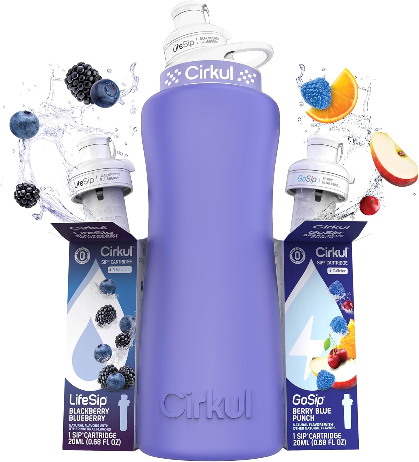 Cirkul 32oz. Matte Periwinkle Stainless Steel Water Bottle with Periwinkle Lid, 2 Flavors (LifeSip Blackberry Blueberry, GoSip Berry Blue Punch) Zero Calories, No Sugar