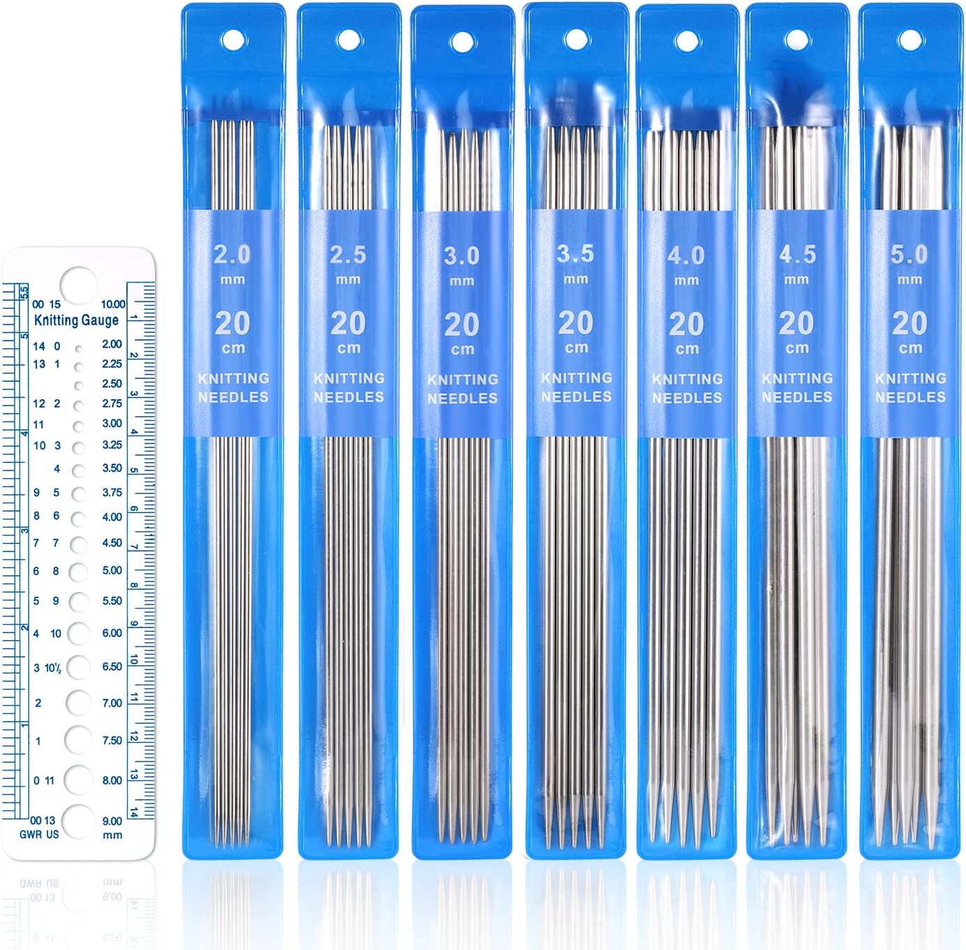35pcs Double Pointed Knitting Needles Set,7 Sizes DPNS Knitting Pins 2 mm to 5 mm Sweater Socks Knitting Needles Kit Stainless Steel Yarn Needles for Weaving Project Beginner Kids (7.9 Inch Long)