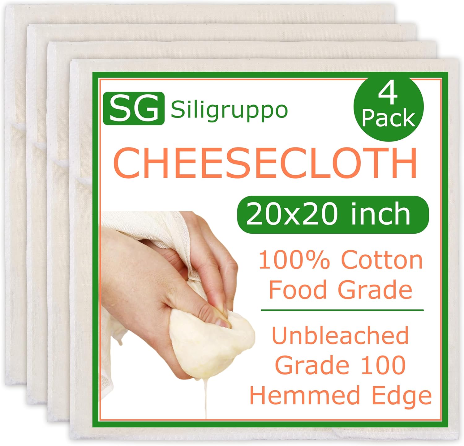 4-Pack Hemmed Cheesecloths - 20"X20" Reusable Unbleached Cotton For Cheese Making, Nut Milk, Yogurt Straining & Crafts. Food-Grade, Pre-Cut With Reinforced Edges