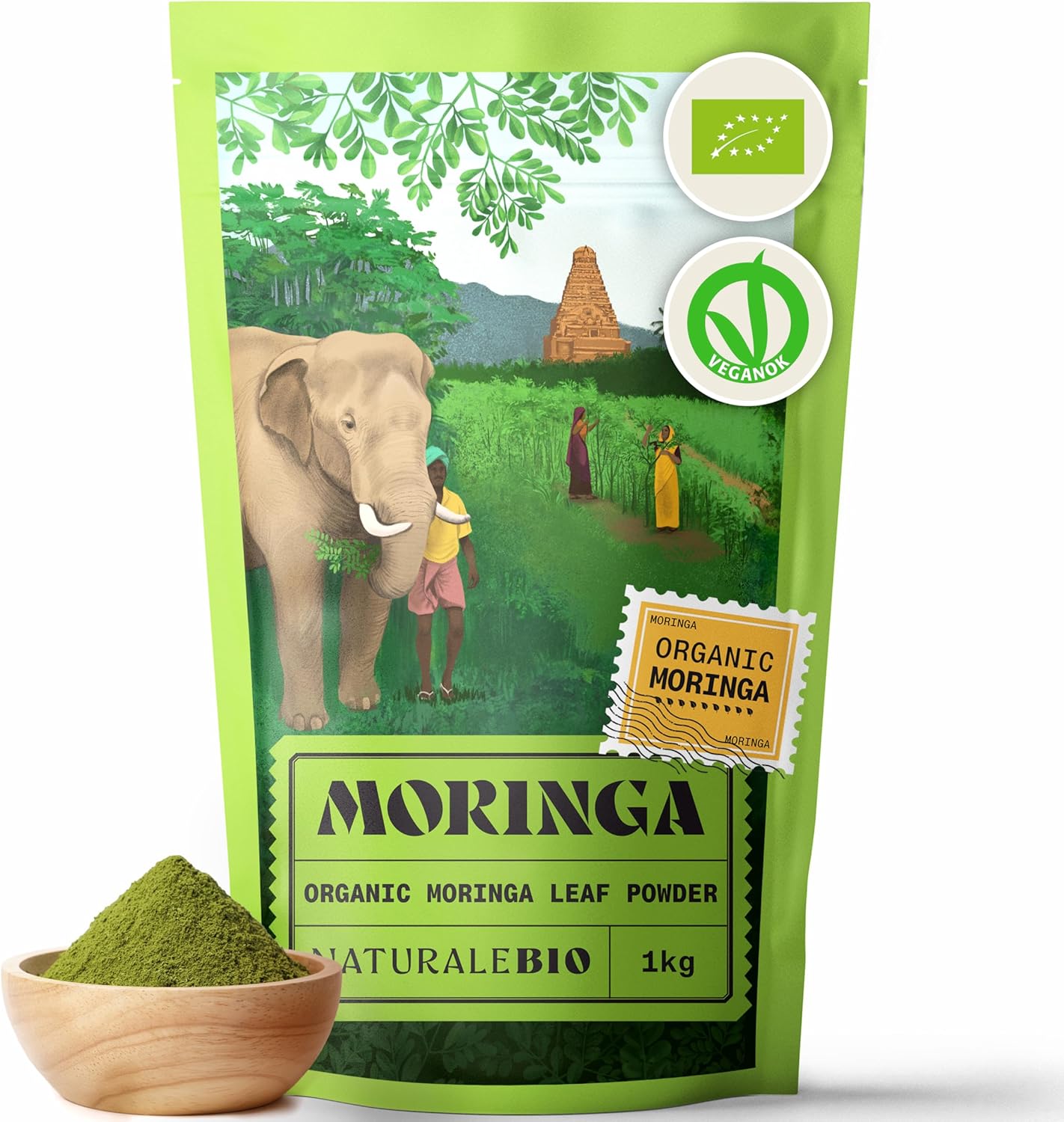 NaturaleBio Organic Moringa Powder - Premium Quality - 1kg. Bio, Natural and Pure. Leaves Picked from The Moringa Oleifera Plant for Tiredness, Immune System, Muscle Function, Fatigue