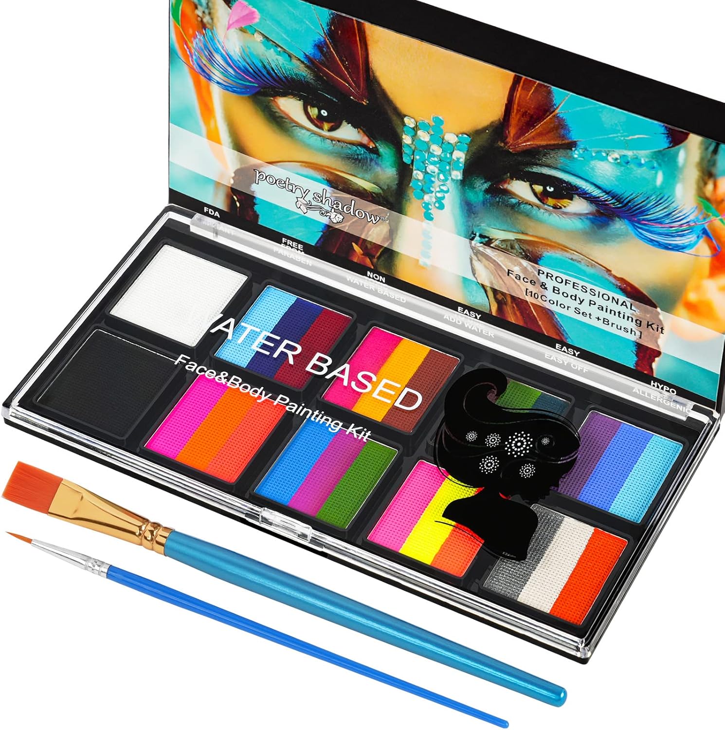 LOPHE Face Body Painting Kit, 26 Colors Rainbow Body Paint for Kids Adults, Safe & Non-Toxic Water Based Split Cake Face Paint Palette with 2 Brushes, Party Makeup Set for Halloween Christmas Cosplay