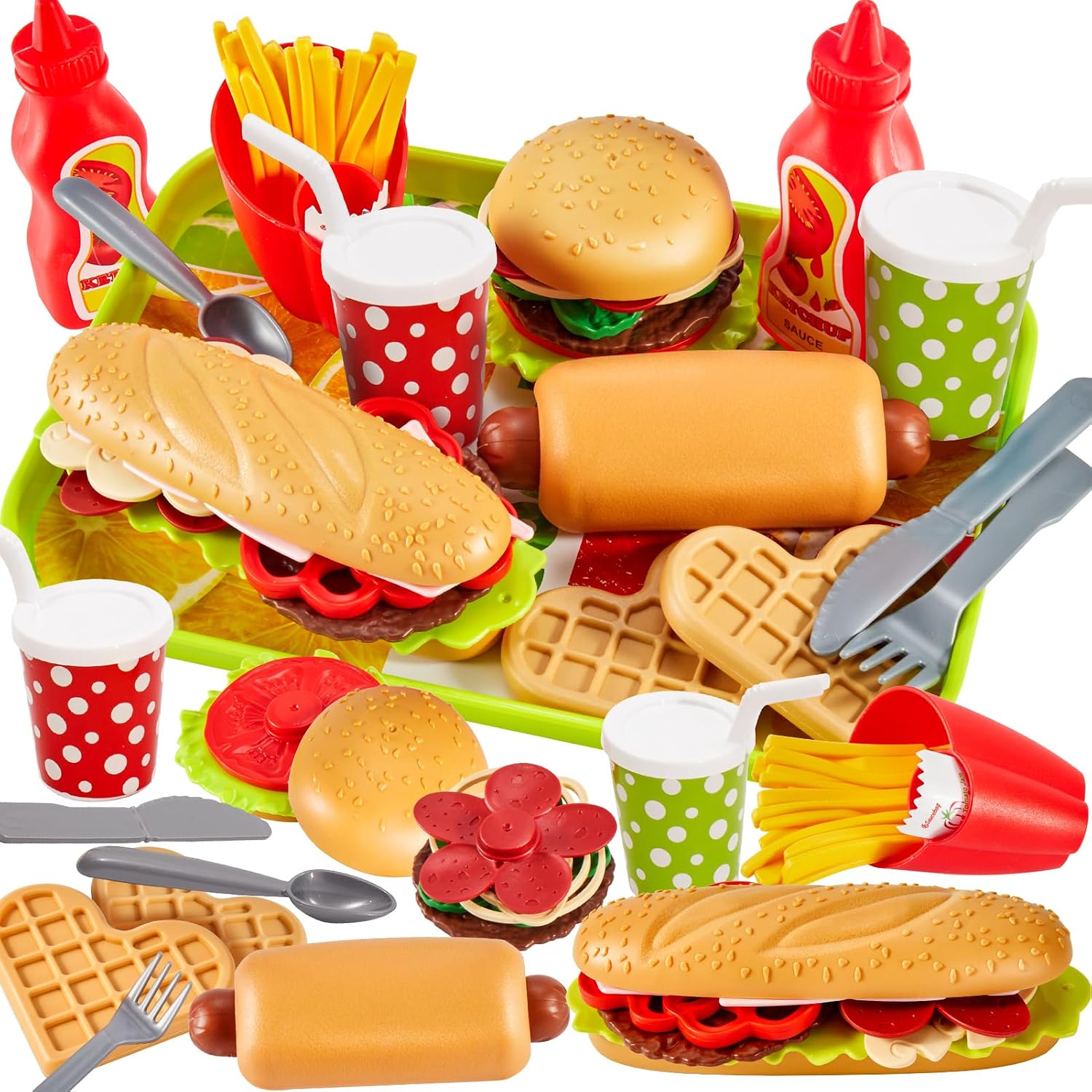 BUYGER Pretend Play Food Sets for Children Kitchen, Plastic Take Apart Toys Hamburger Fast Food Playset Kids Age 3+ Boys Girls