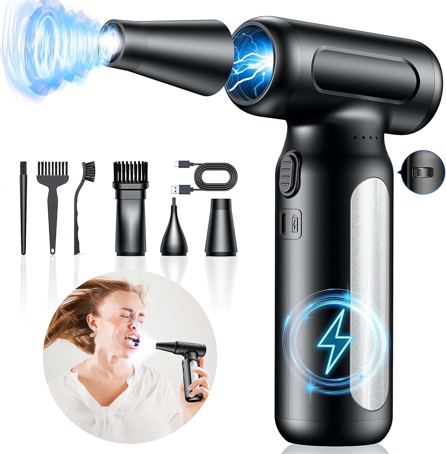 Compressed Air Duster-200000RPM Super Power Cordless Electric Air Blower Duster, USB Rechargeable Durable 3-Gear Adjustable Dust Blower Cleaner for PC, Keyboard, Outdoor, House and Car(Silver)