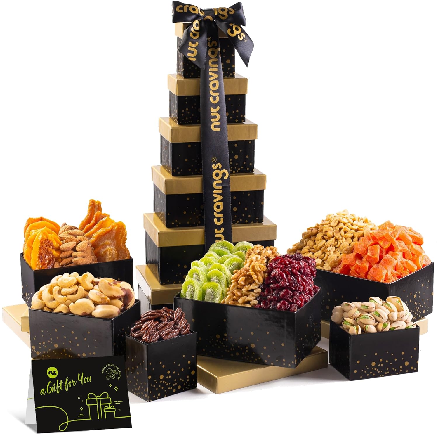 NUT CRAVINGS - Dried Fruit & Mixed Nuts Gift Basket in Black Tower + Ribbon (12 Assortments) Food Arrangement, Healthy Snack Care Package, Kosher