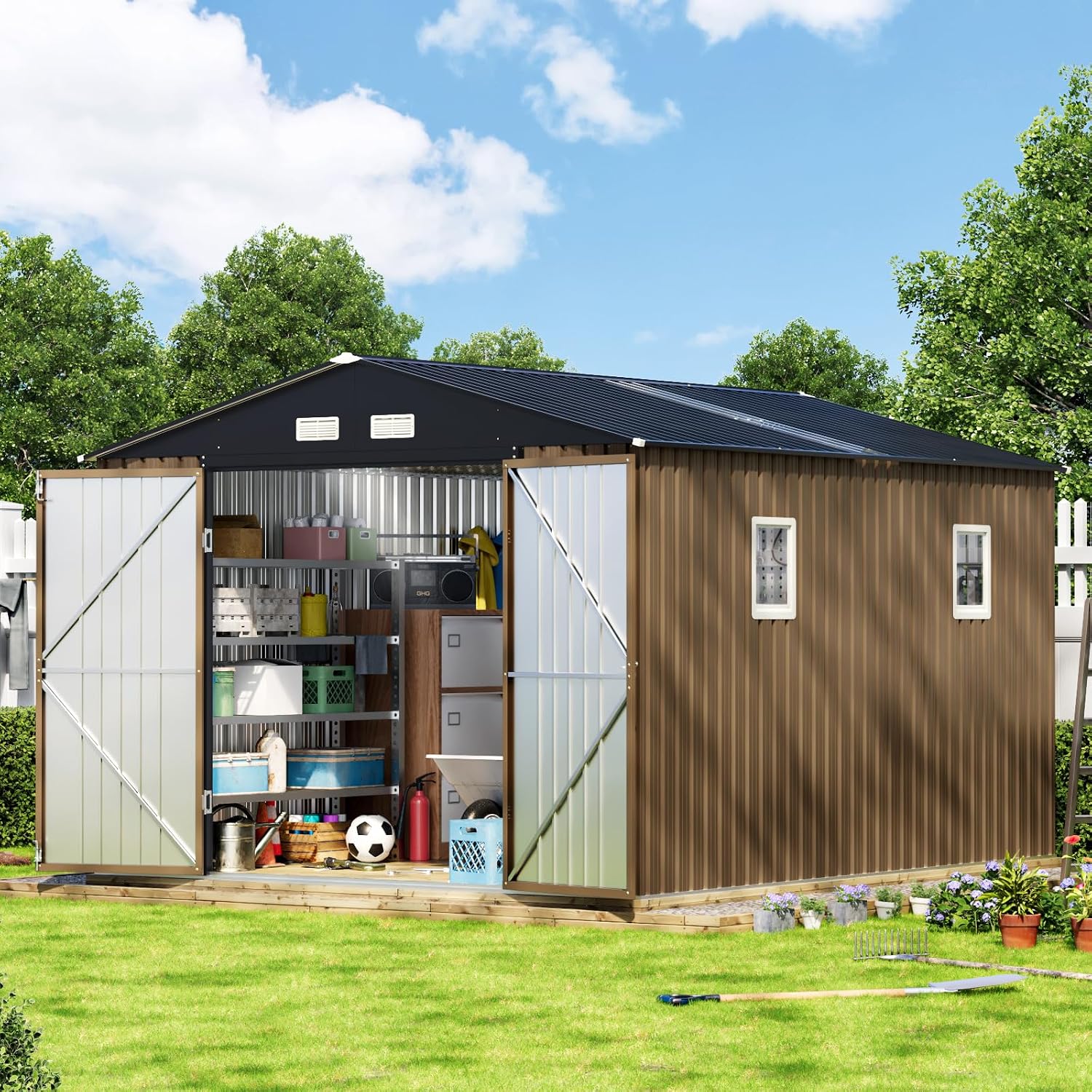 10X12X7.5 FT Outdoor Steel Storage Shed with Lockable Doors, 2 Windows, Transparent Roof Panels (Wood Panels & Frame Floor Not Included), Ideal for Patio Storage,Garbage Can, Chicken Coop,Brown